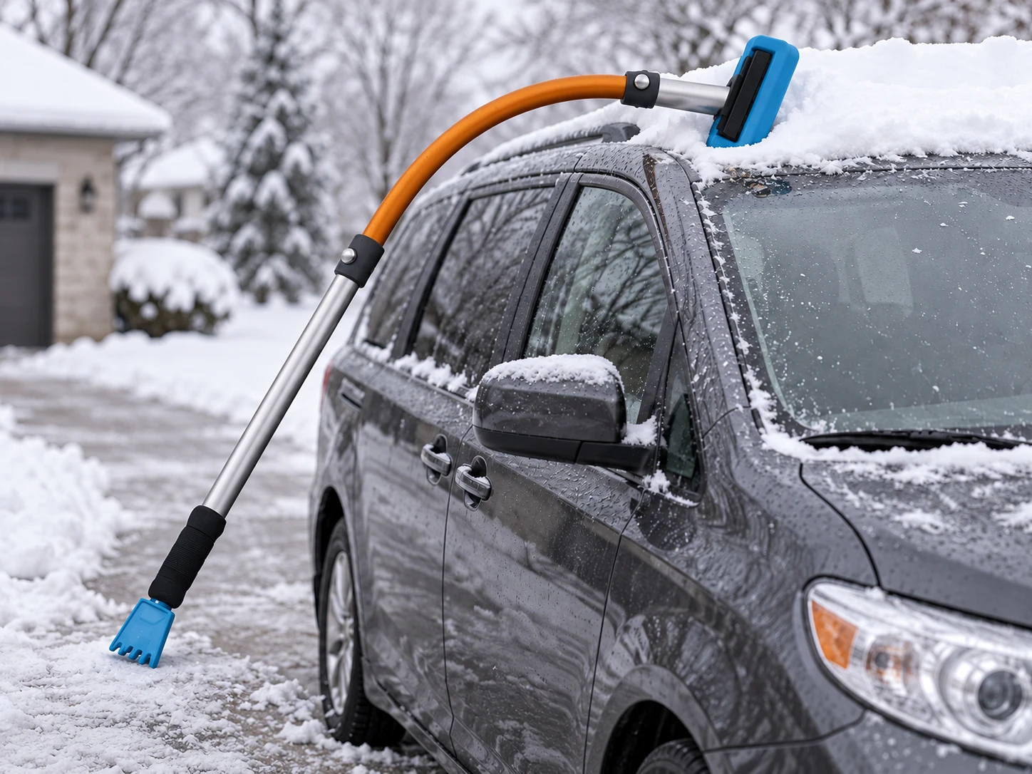 Concept illustration of the Snow Giraffe curved snow-removal tool reaching over a snow-covered vehicle.